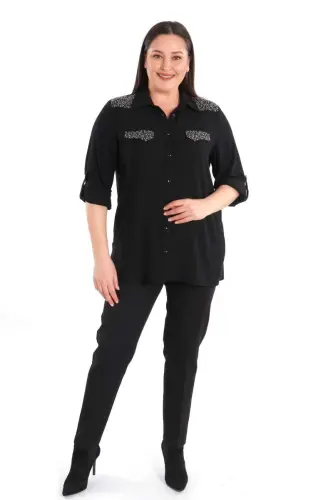 Angelino Plus Size Stone Printed Black Woven Shirt - 1