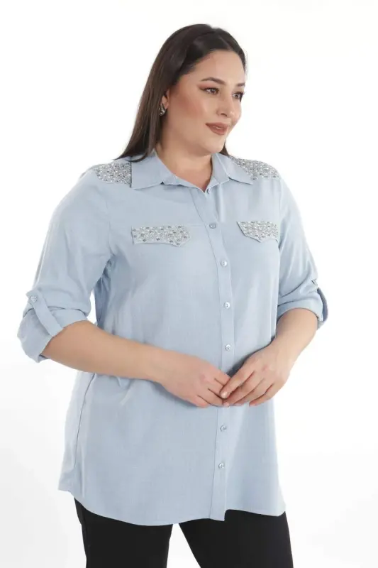 Angelino Plus Size Stone Printed Blue Woven Shirt - 2