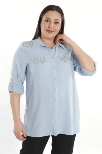 Angelino Plus Size Stone Printed Blue Woven Shirt - 3