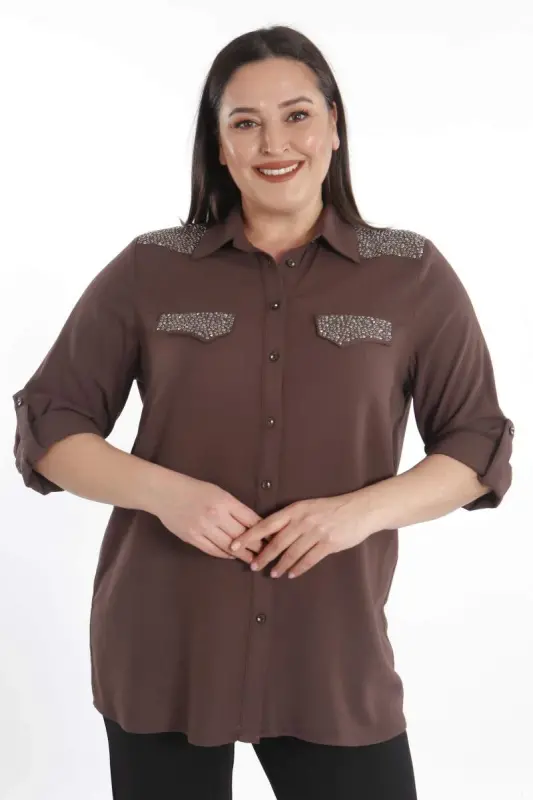 Angelino Plus Size Stone Printed Brown Woven Shirt - 2