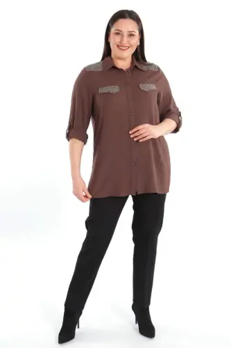 Angelino Plus Size Stone Printed Brown Woven Shirt - 3