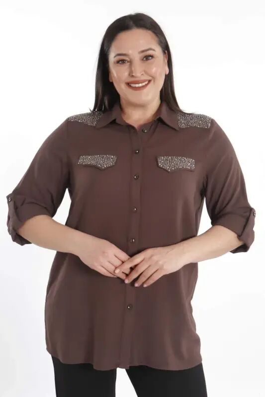 Angelino Plus Size Stone Printed Brown Woven Shirt - 2