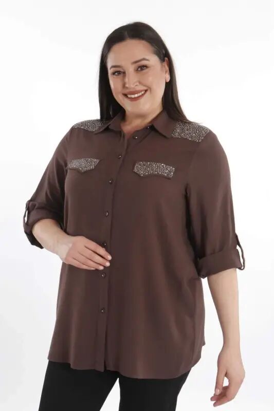 Angelino Plus Size Stone Printed Brown Woven Shirt - 4