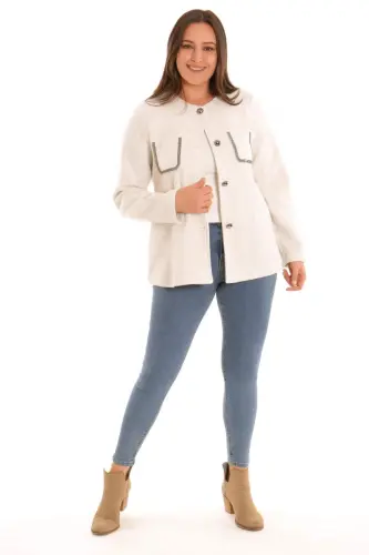 Angelino Plus Size Stone Printed Ecru Jacket - 2