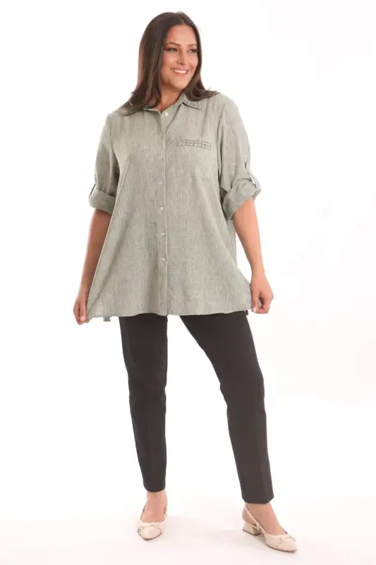 Angelino Plus Size Stone Printed Khaki Shirt - 2