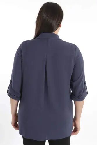 Angelino Plus Size Stone Printed Navy Blue Woven Shirt - 6