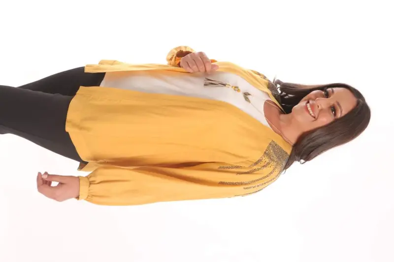 Angelino Plus Size Stone Printed Oversized Mustard Jacket - 1