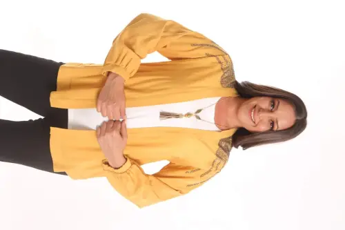 Angelino Plus Size Stone Printed Oversized Mustard Jacket - 3