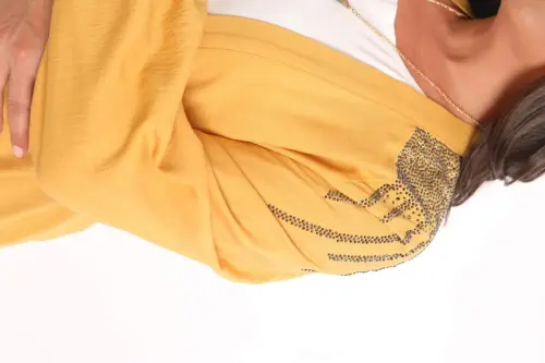 Angelino Plus Size Stone Printed Oversized Mustard Jacket - 5