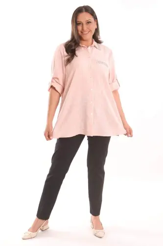 Angelino Plus Size Stone Printed Powder Shirt - BÜYÜKBEDENIZ (1)