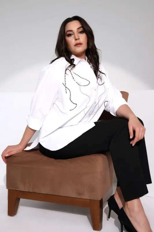 Angelino Plus Size Stone Printed White Shirt - 4
