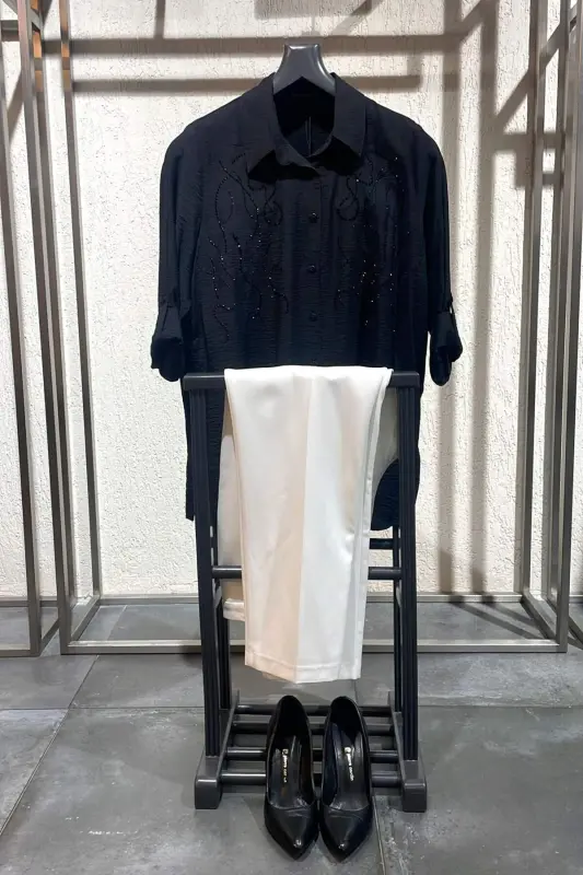 Angelino Plus Size Stone Printed Woven Black Shirt - BÜYÜKBEDENIZ