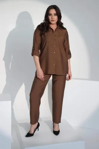 Angelino Plus Size Stone Printed Woven Brown Shirt - 2