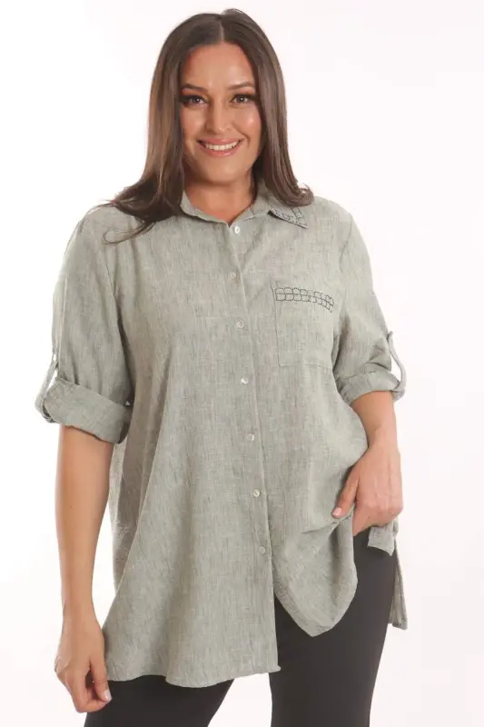 Angelino Plus Size Stone Washed Khaki Shirt - BÜYÜKBEDENIZ
