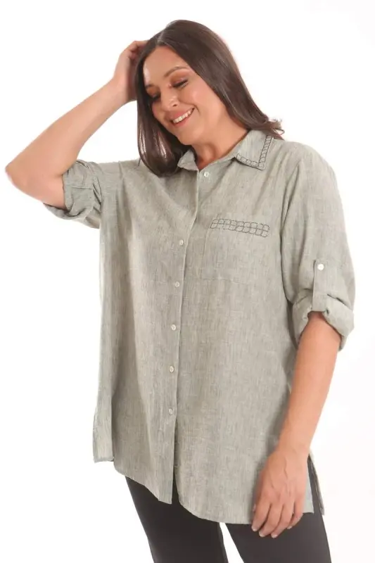 Angelino Plus Size Stone Washed Khaki Shirt - 3
