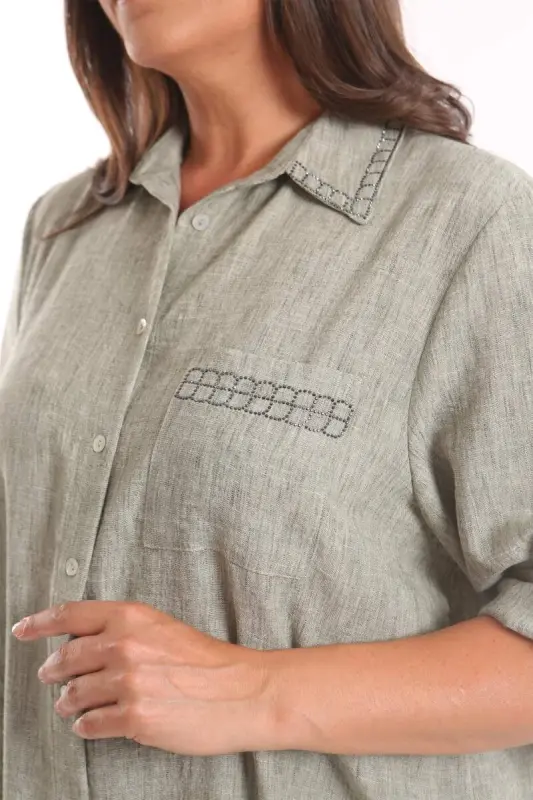 Angelino Plus Size Stone Washed Khaki Shirt - 4