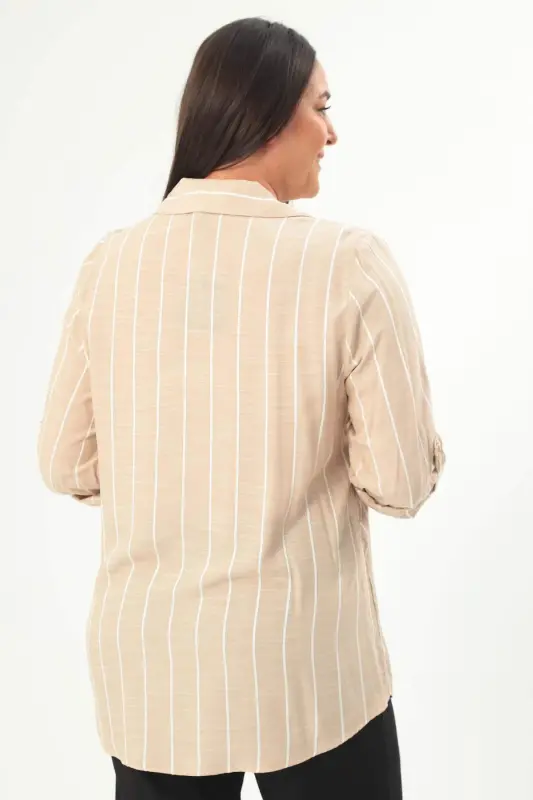 Angelino Plus Size Striped Basic Beige Shirt - 1