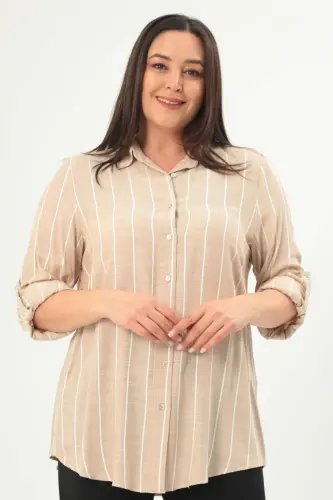 Angelino Plus Size Striped Basic Beige Shirt - BÜYÜKBEDENIZ (1)