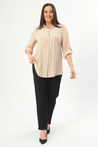 Angelino Plus Size Striped Basic Beige Shirt - 3