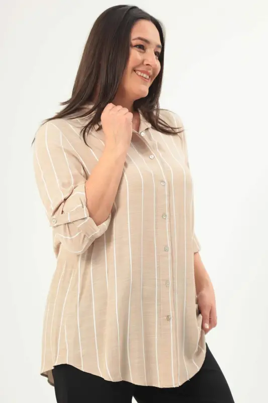 Angelino Plus Size Striped Basic Beige Shirt - 4