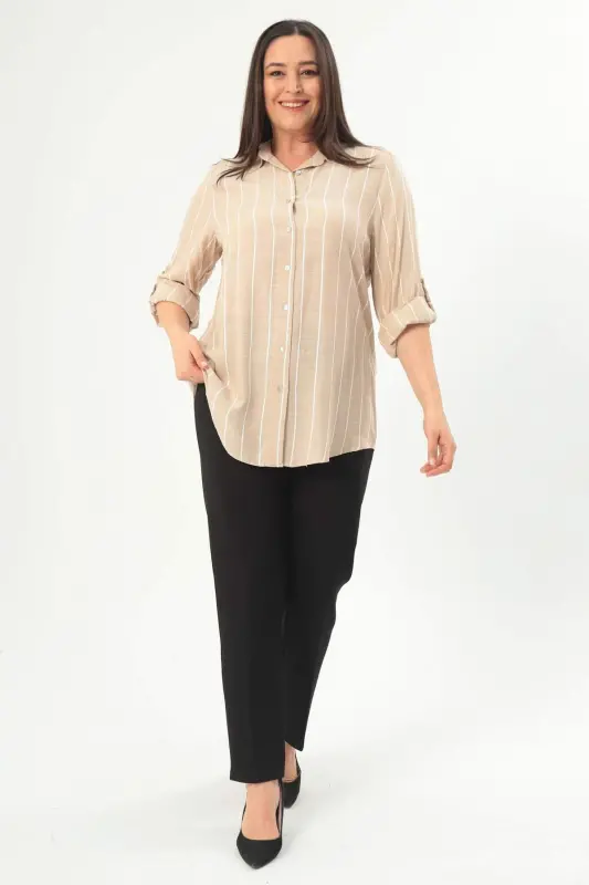 Angelino Plus Size Striped Basic Beige Shirt - 2