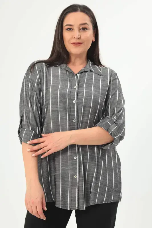 Angelino Plus Size Striped Basic Black Shirt - BÜYÜKBEDENIZ