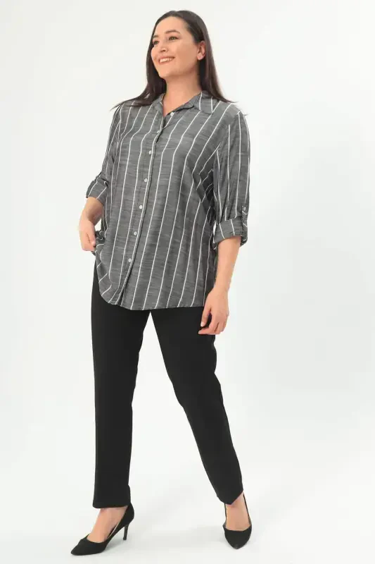 Angelino Plus Size Striped Basic Black Shirt - 2