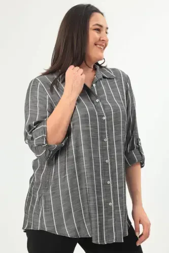 Angelino Plus Size Striped Basic Black Shirt - 3