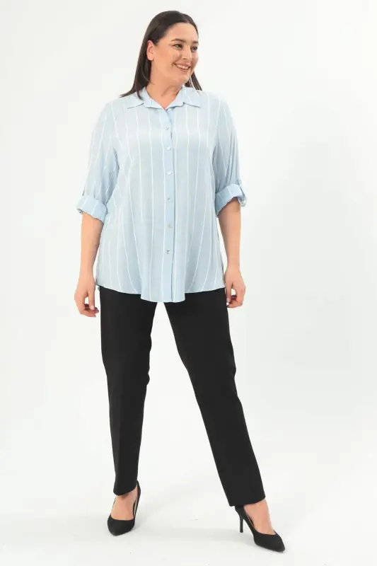 Angelino Plus Size Striped Basic Blue Shirt - 1