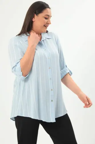 Angelino Plus Size Striped Basic Blue Shirt - BÜYÜKBEDENIZ (1)