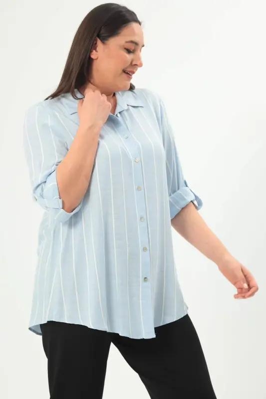 Angelino Plus Size Striped Basic Blue Shirt - 2