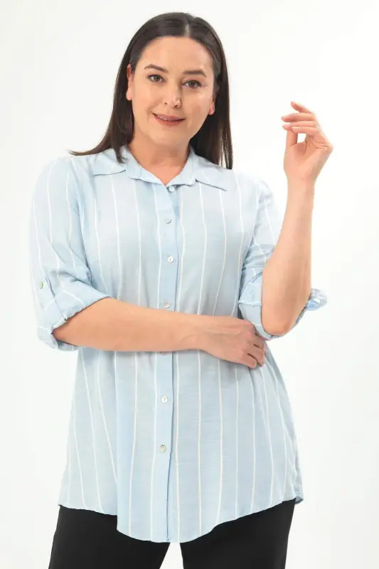 Angelino Plus Size Striped Basic Blue Shirt - 1