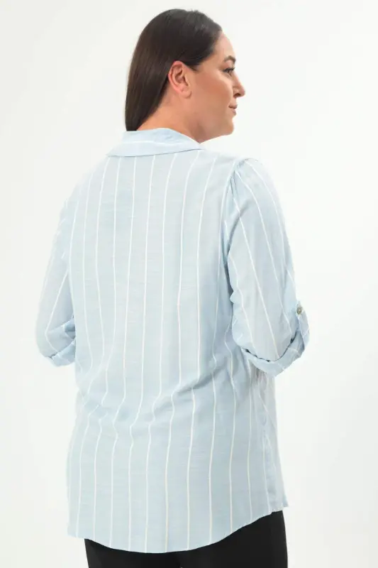 Angelino Plus Size Striped Basic Blue Shirt - 5
