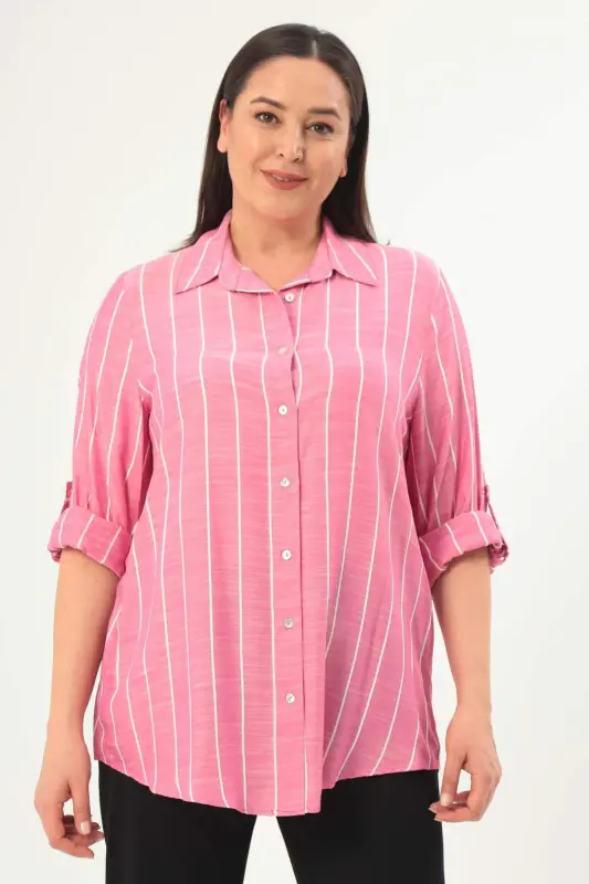 Angelino Plus Size Striped Basic Fuchsia Shirt - BÜYÜKBEDENIZ
