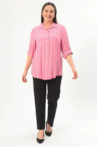 Angelino Plus Size Striped Basic Fuchsia Shirt - 2