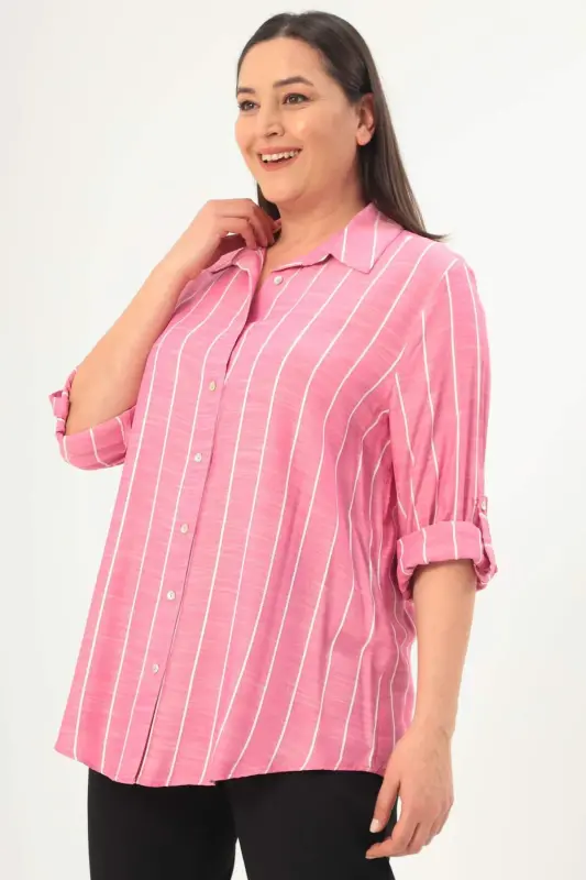 Angelino Plus Size Striped Basic Fuchsia Shirt - 3
