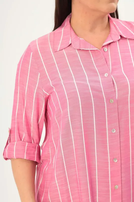 Angelino Plus Size Striped Basic Fuchsia Shirt - 4