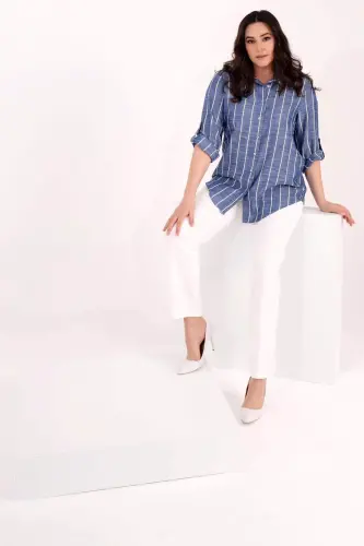 Angelino Plus Size Striped Basic Indigo Shirt - BÜYÜKBEDENIZ (1)