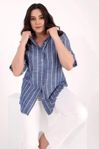 Angelino Plus Size Striped Basic Indigo Shirt - 5