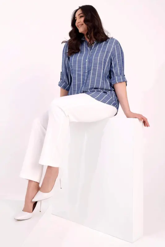 Angelino Plus Size Striped Basic Indigo Shirt - 7