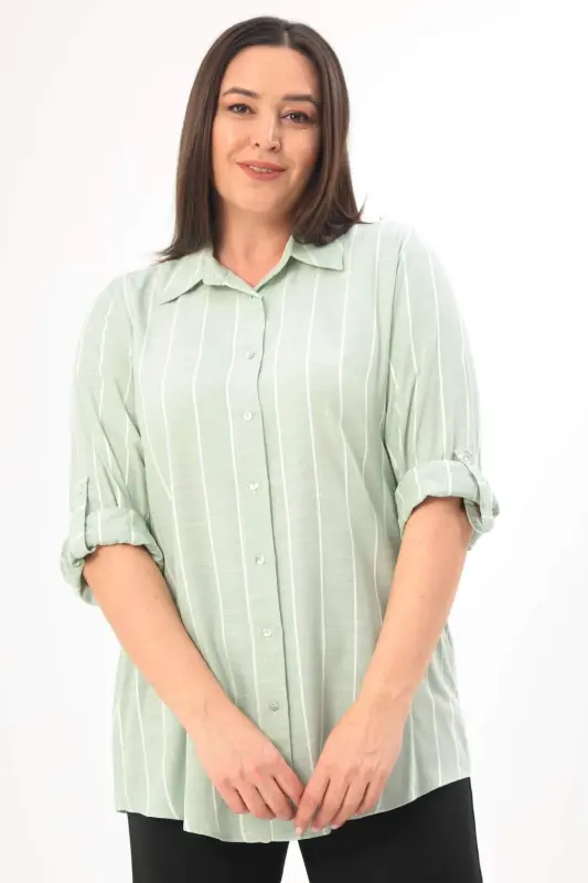 Angelino Plus Size Striped Basic Mint Shirt - 1