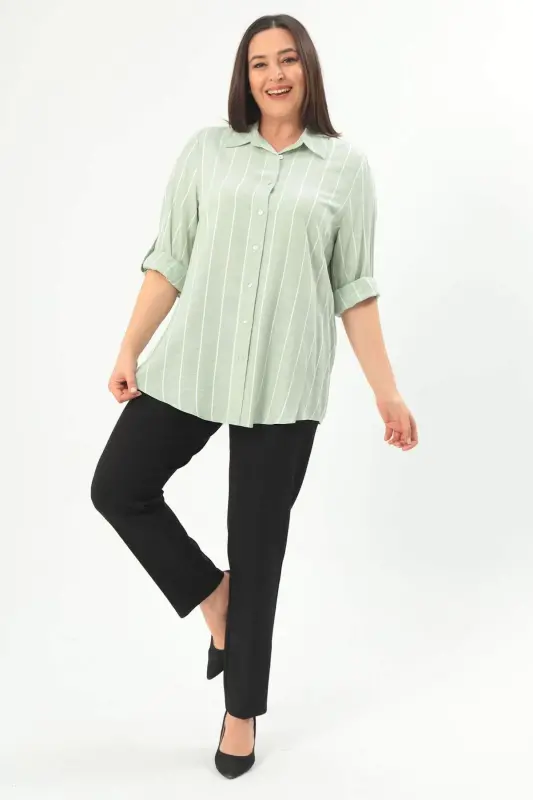 Angelino Plus Size Striped Basic Mint Shirt - 2