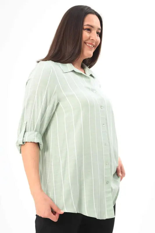 Angelino Plus Size Striped Basic Mint Shirt - 3