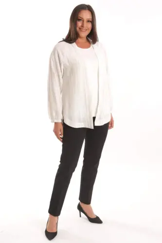 Angelino Plus Size Striped Fabric Elastic Sleeve Oversized Ecru Jacket - 1