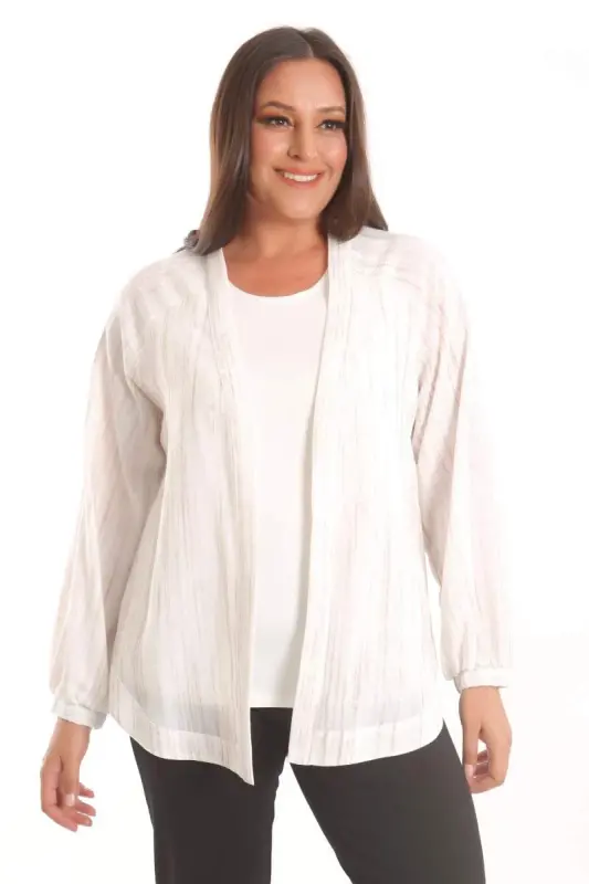 Angelino Plus Size Striped Fabric Elastic Sleeve Oversized Ecru Jacket - 2