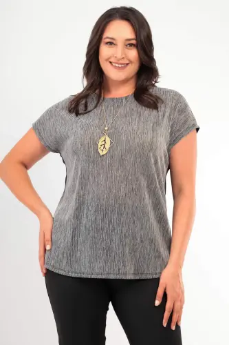 Angelino Plus Size Striped Glittery Drop Shoulder Grey Evening Blouse - 1