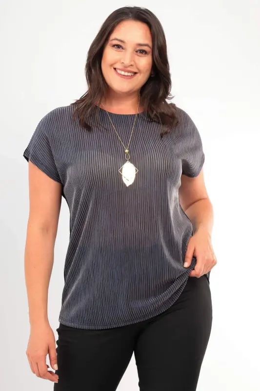 Angelino Plus Size Striped Glittery Drop Shoulder Navy Blue Evening Blouse - 1
