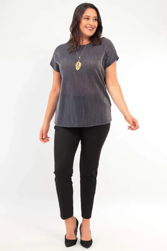 Angelino Plus Size Striped Glittery Drop Shoulder Navy Blue Evening Blouse - 2