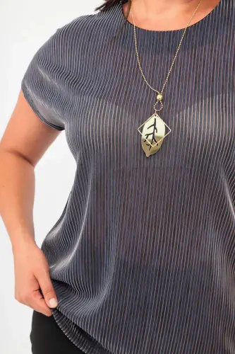 Angelino Plus Size Striped Glittery Drop Shoulder Navy Blue Evening Blouse - 4