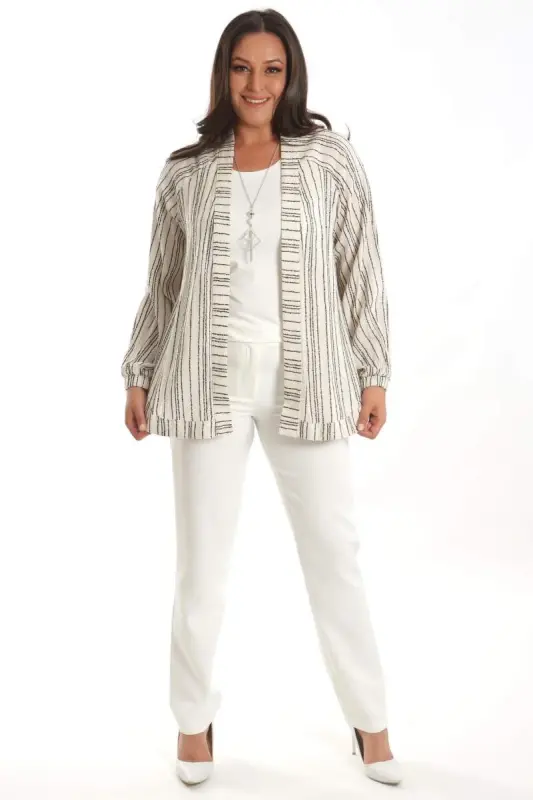 Angelino Plus Size Striped Oversize Brown Jacket - 2